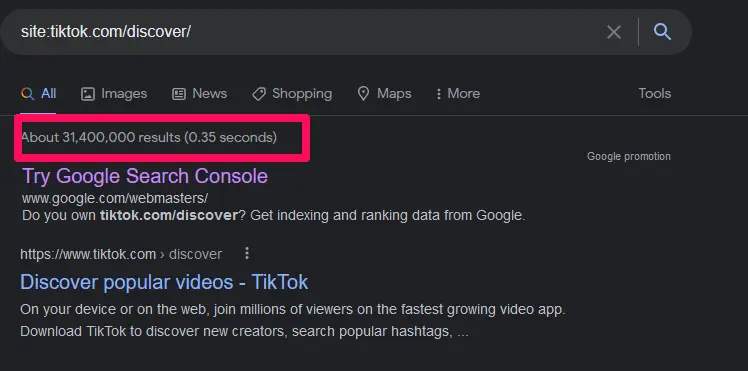 لقطة شاشة تظهر عدد نتائج البحث لـ TikTok.